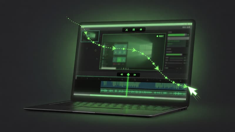 Laptop timeline and cursor path illustration for Windows product demo recording