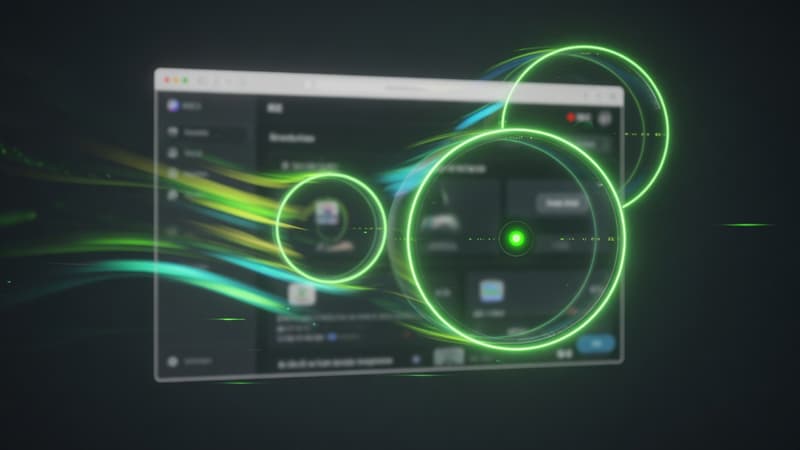 Magnifying zoom rings over a dark UI mockup with green highlights