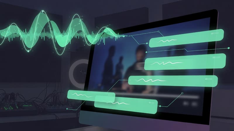 Waveform and caption bars floating over a dark screen with green glow