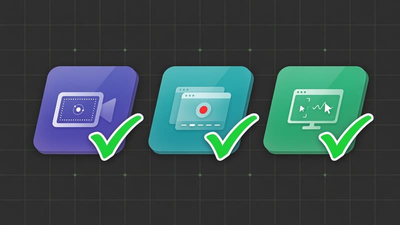 Three abstract app tiles with green checkmarks on a dark grid