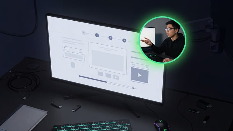 Circular webcam overlay on a product UI screen with green rim light