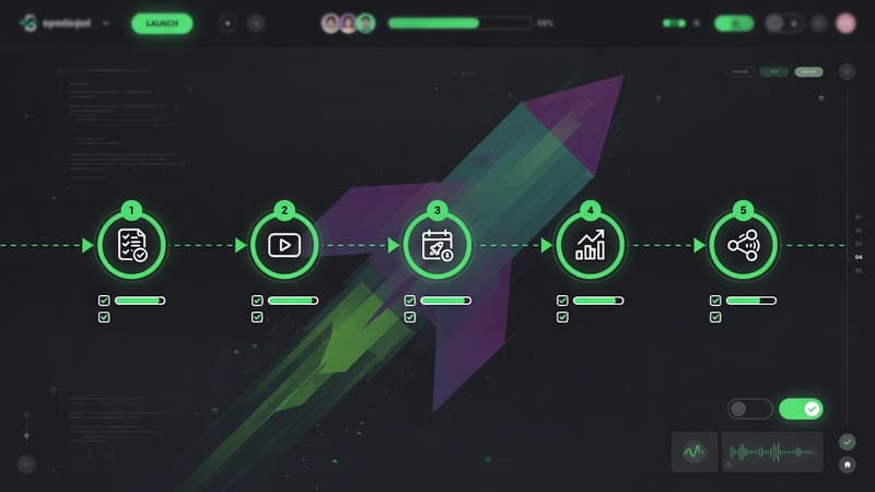 Launch dashboard workflow nodes connected with green progress lines
